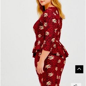 Torrid Psychobilly Rockabilly Peplum Dress Red Cheetah Print w Skulls / Hearts